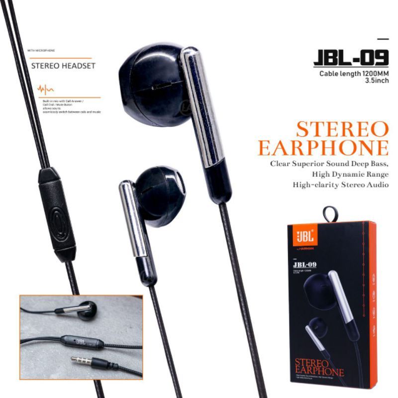 Headset Premium JBL 09 buds 3D stereo sound super bass noise cancellation clear voice call, comfortable wear in ear handsfree Realme oppo vivo Buds Pure Bass Original JBL 09 bass