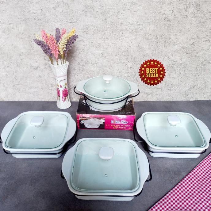 prasmanan saji set keramik tutup kaca transparan rak besi