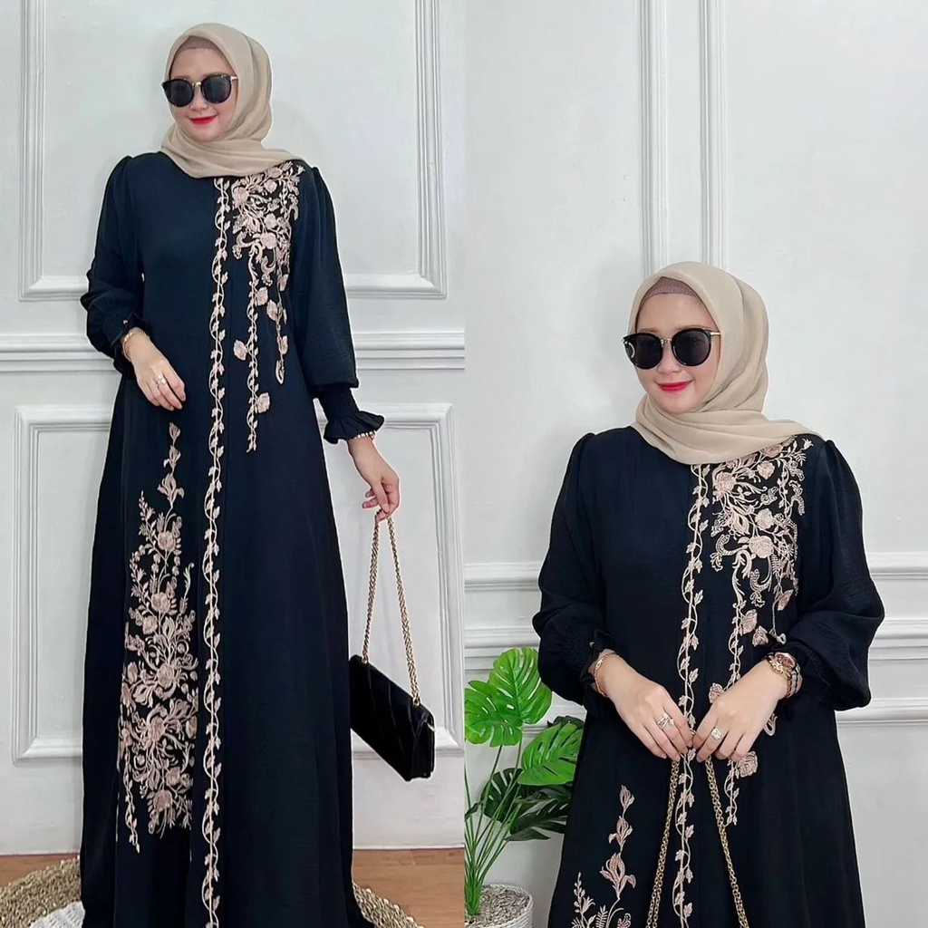 Naysila Gamis Pesta Terbaru Warna Hitam Sage Milo Marun Bahan Crinkle Motif Bordir Fashion Muslim Dr