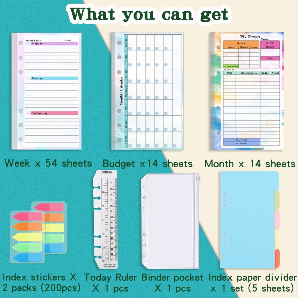 82lembar/set Halaman Budget A6 Untuk 6lubang Loose-leaf Weekly Monthly Plan Notebook Pengganti Core Perencanaan Keuangan Untuk Pengikat A6 Budget Money Organizer