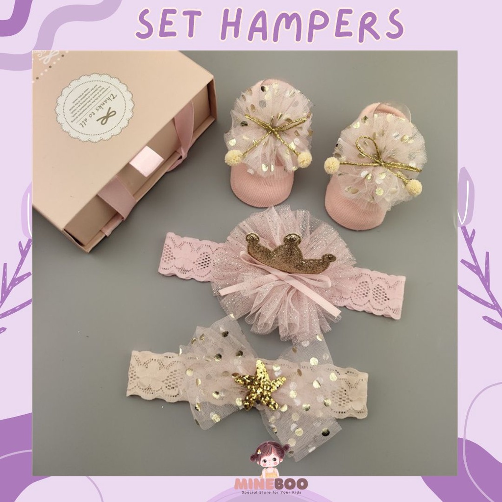 mineboo- HAMPERS BANDANA Set kaos kaki dan bandana bayi import dengan box cantik cocok untuk kado hampers