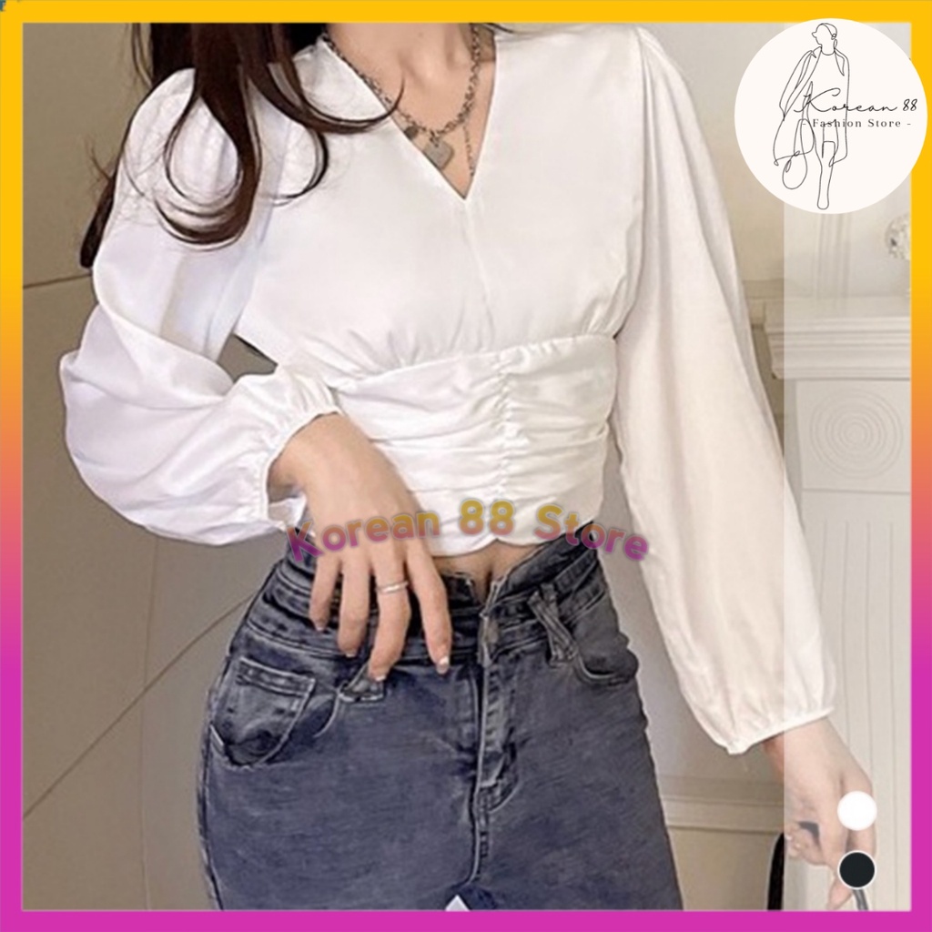 Kasual Blus VNeck Pakaian Wanita Cewek Perempuan Satin Lengan Panjang Warna Putih Hitam Elegan Casua