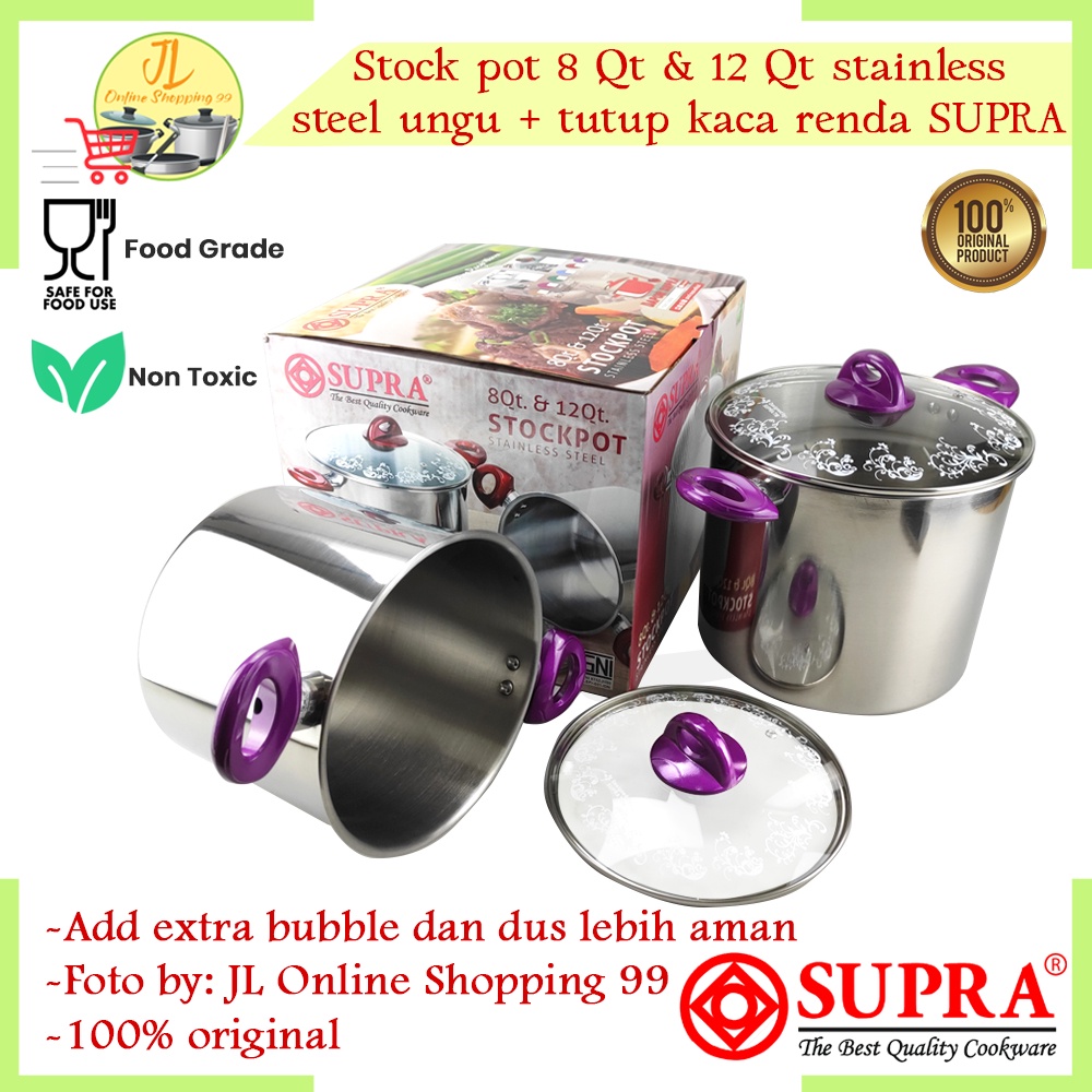 SUPRA stock pot 8qt & 12qt tutup kaca renda Ungu supra / panci set besar