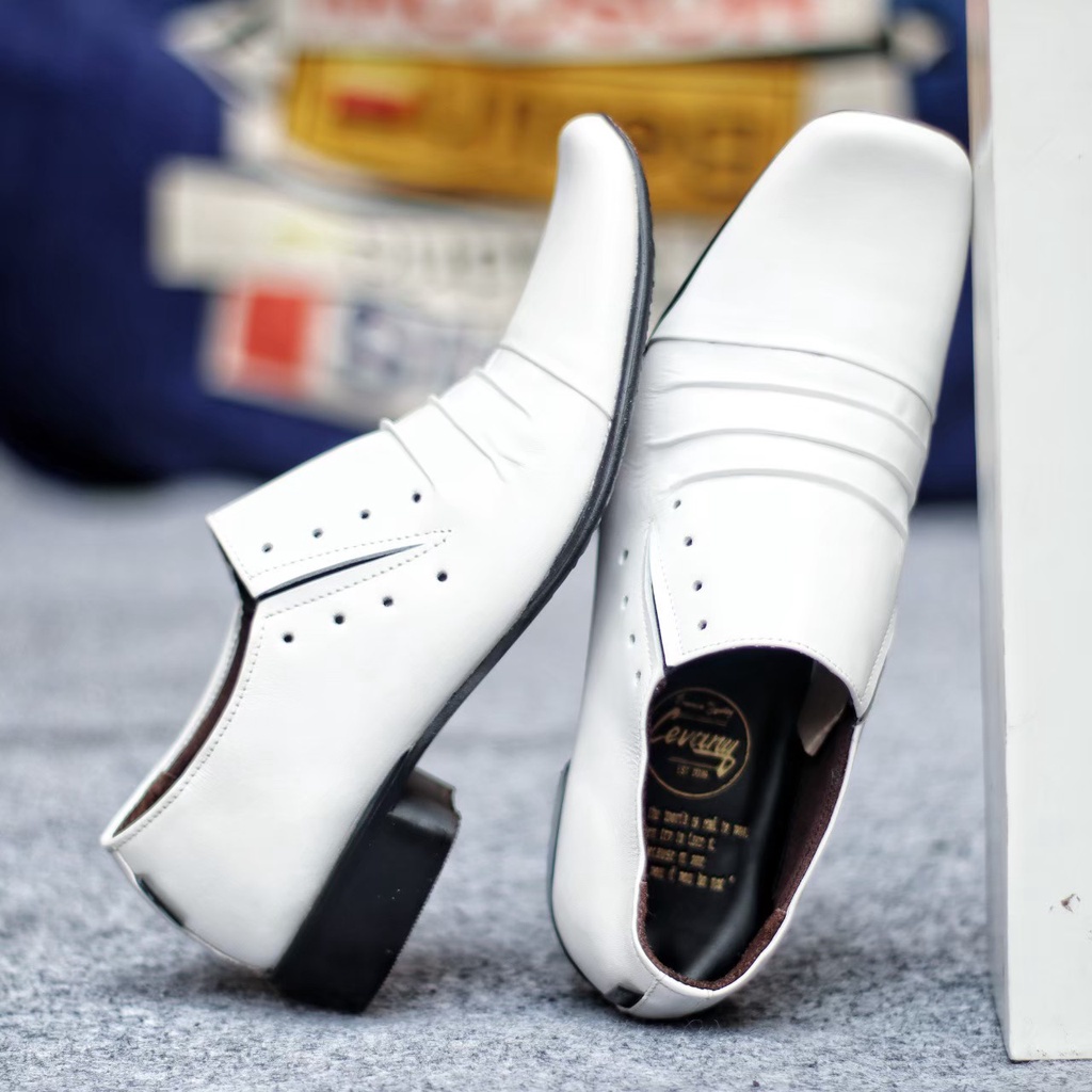 Sepatu Pantofel Putih Pria Kulit Sapi Asli Premium Quality Sepatu Pantofel Selop Tanpa Tali Cowok Laki Kerja Kantor Formal Pesta Sepatu Dokter Perawat Gereja Menikah Kodangan White Colour