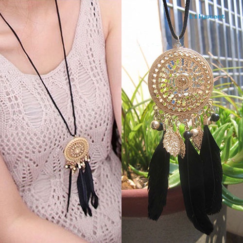 Ls Perhiasan Retro Wanita Dream Catcher Berongga Bulu Liontin Sweater Rantai Kalung