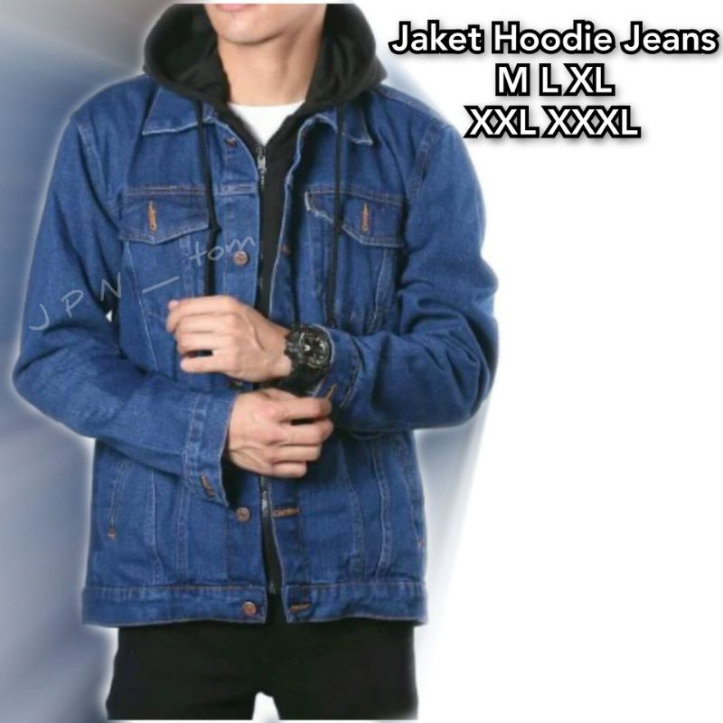 Jaket Jeans Ariel Jumbo Hoodie Biru Tua M L XL XXL XXXL Denim Jins Big Size Sweater Polos Motif Aril Noah Navy Biowash Variasi Cowok Cewek Promo Termurah