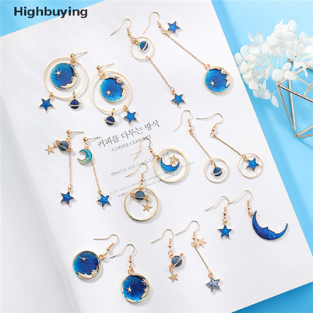 Hbid Biru Bintang Bulan Panjang Drop Menjuntai Anting Wanita Planet Ear Stud Earrings Perhiasan Glory