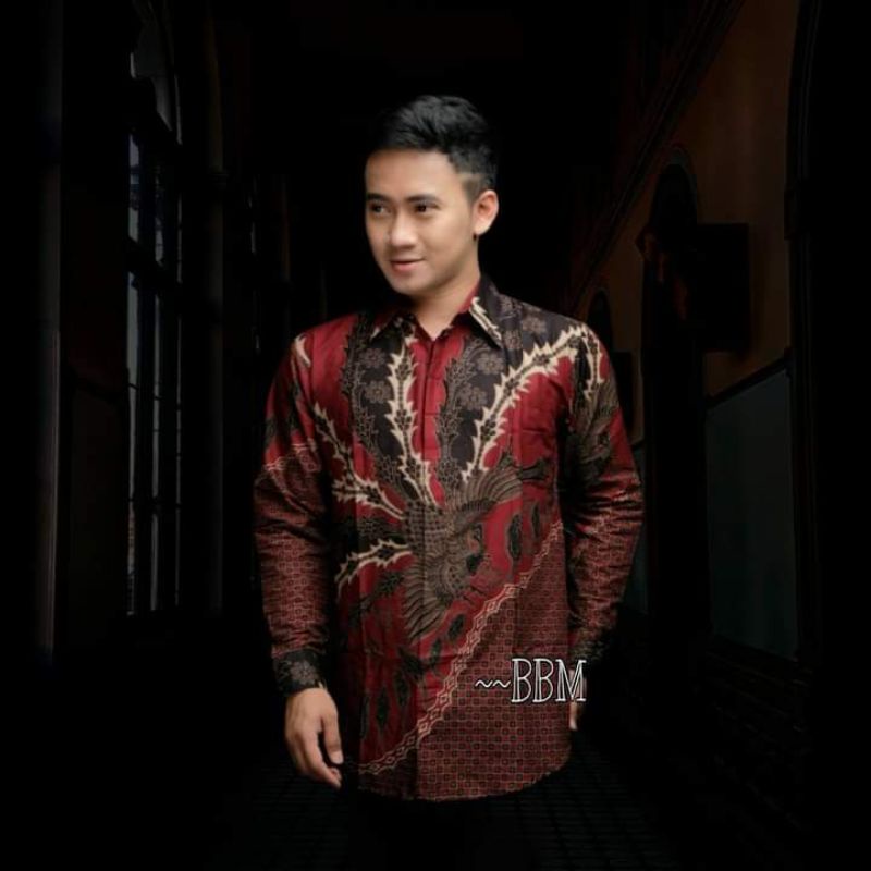 KEMEJA BATIK PRIA WARNA MERAH MAROON SLIMFIT ATASAN PRIA LENGAN PANJANG BATIK PEKALONGAN