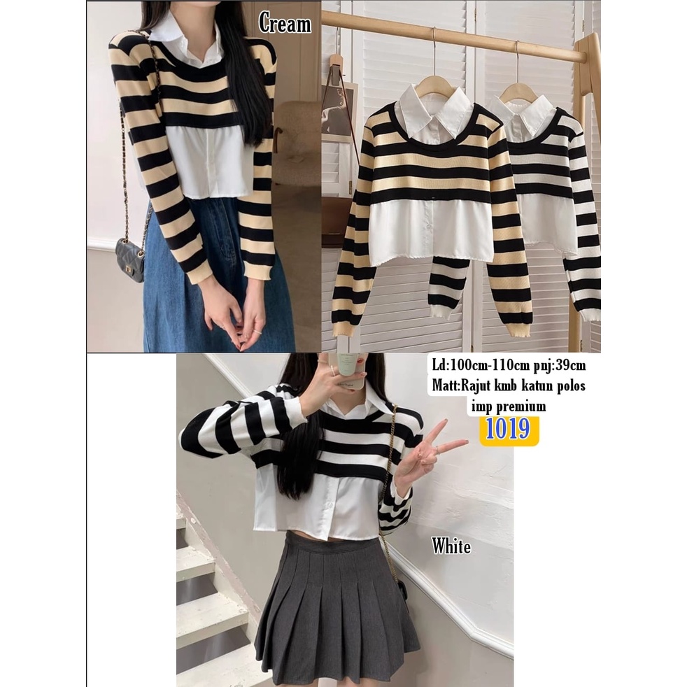 KEMEJA CROP KOMBI RAJUT SALUR 1019/ ATASAN WANITA KOREA KEKINIAN / BAJU FASHION WANITA IMPORT MURAH