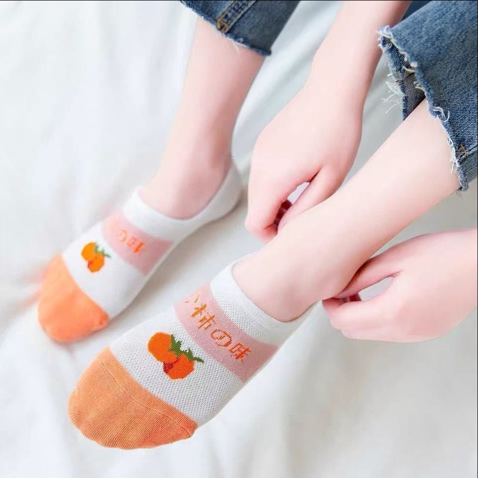 IL - Kaos Kaki Wanita Motif Strawberry Orange Peach Kaos Kaki Pendek Fashion Korean