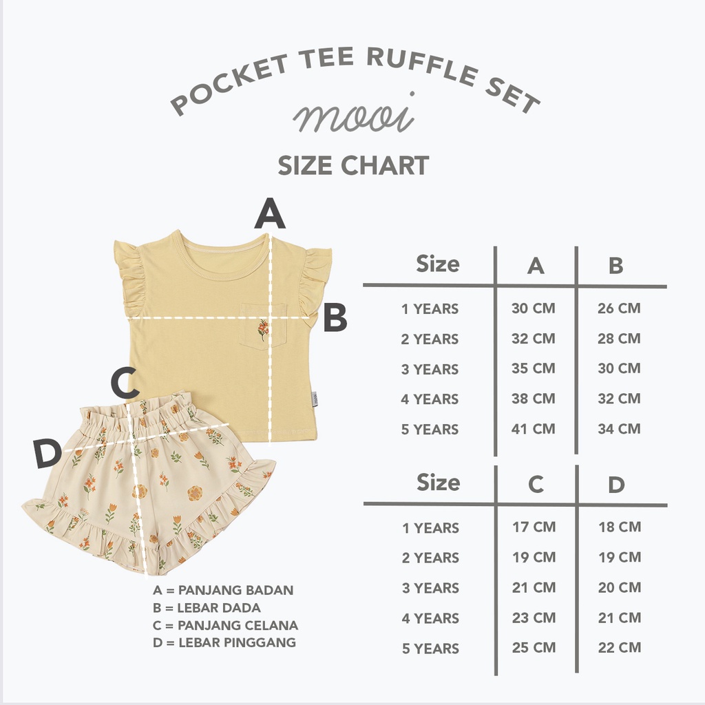 Baju Bayi Setelan Pendek Anak Perempuan Mooi Ruffle Pocket Tee 1-5 Tahun