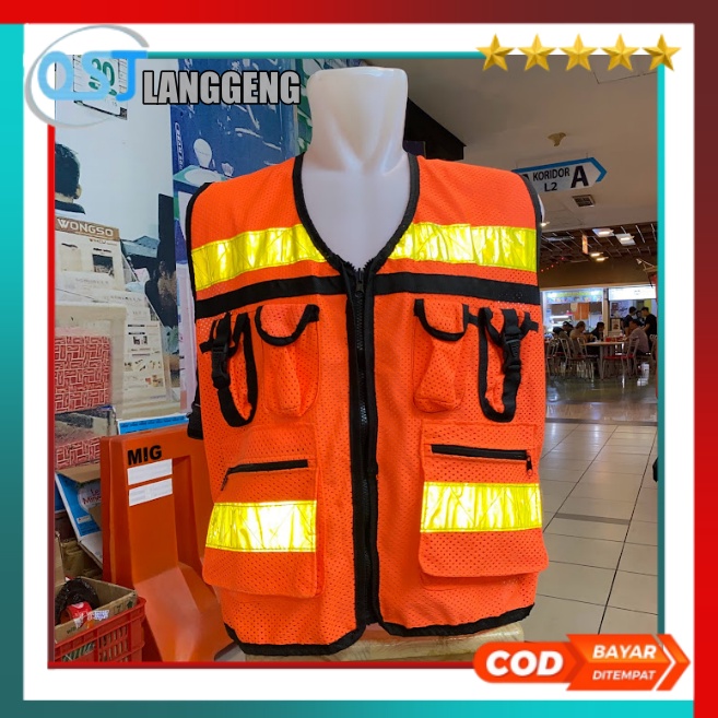 BISA COD | Rompi Proyek Safety Vest Jaring / Jala Tebal 6 Kantong Hijau Stabilo