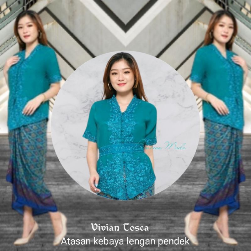 Atasan Kebaya Encim Bali Senada Modern Putih Lengan Pendek Brukat Bordir