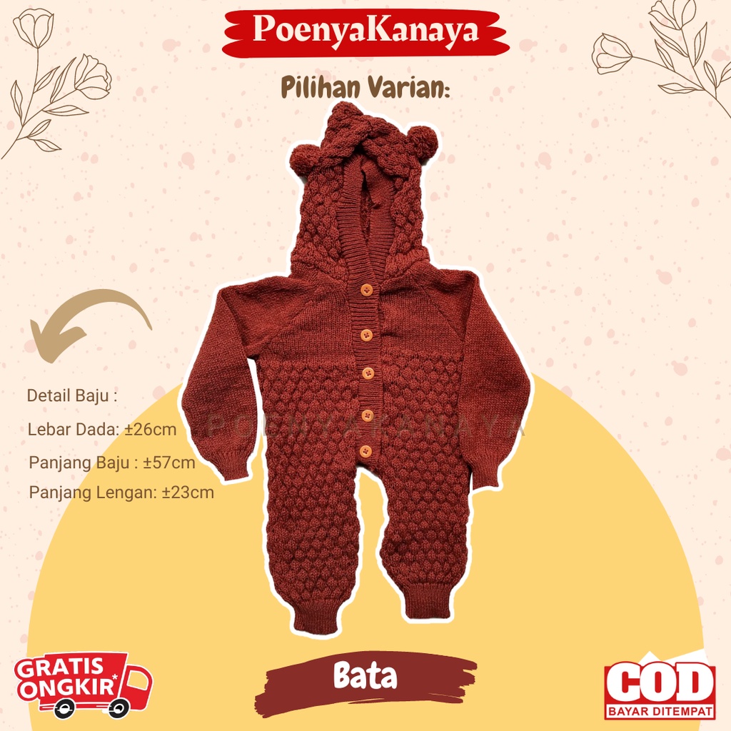 Sleepsuit Rajut Bayi Topi Buka Kaki 0-6 Bulan KD07