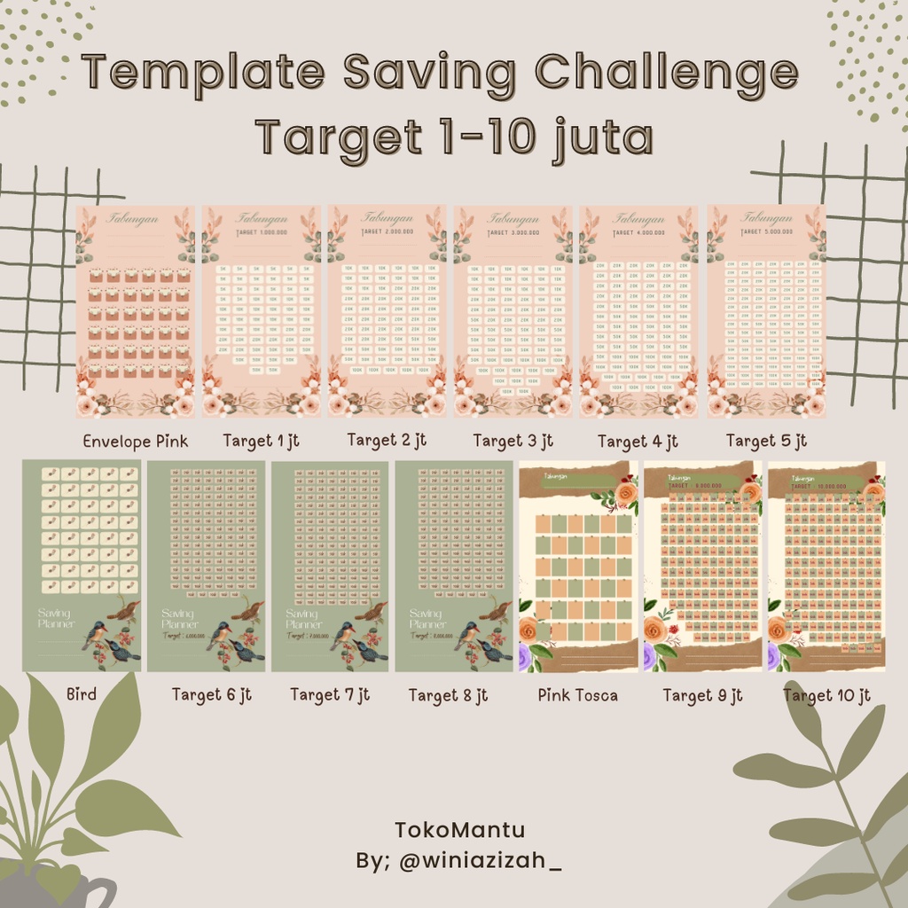 

Template Saving Challenge Sinking Fund Budgeting Tabungan Target Tantangan Menabung Unik 1-10 Juta Vintage Seris Kertas Binder A6