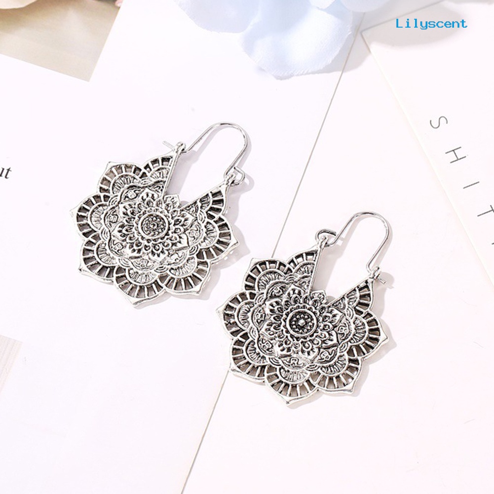 [LS] Vintage Wanita Berongga Keluar Ukir Bunga Menjuntai Leverback Earrings Perhiasan Hadiah