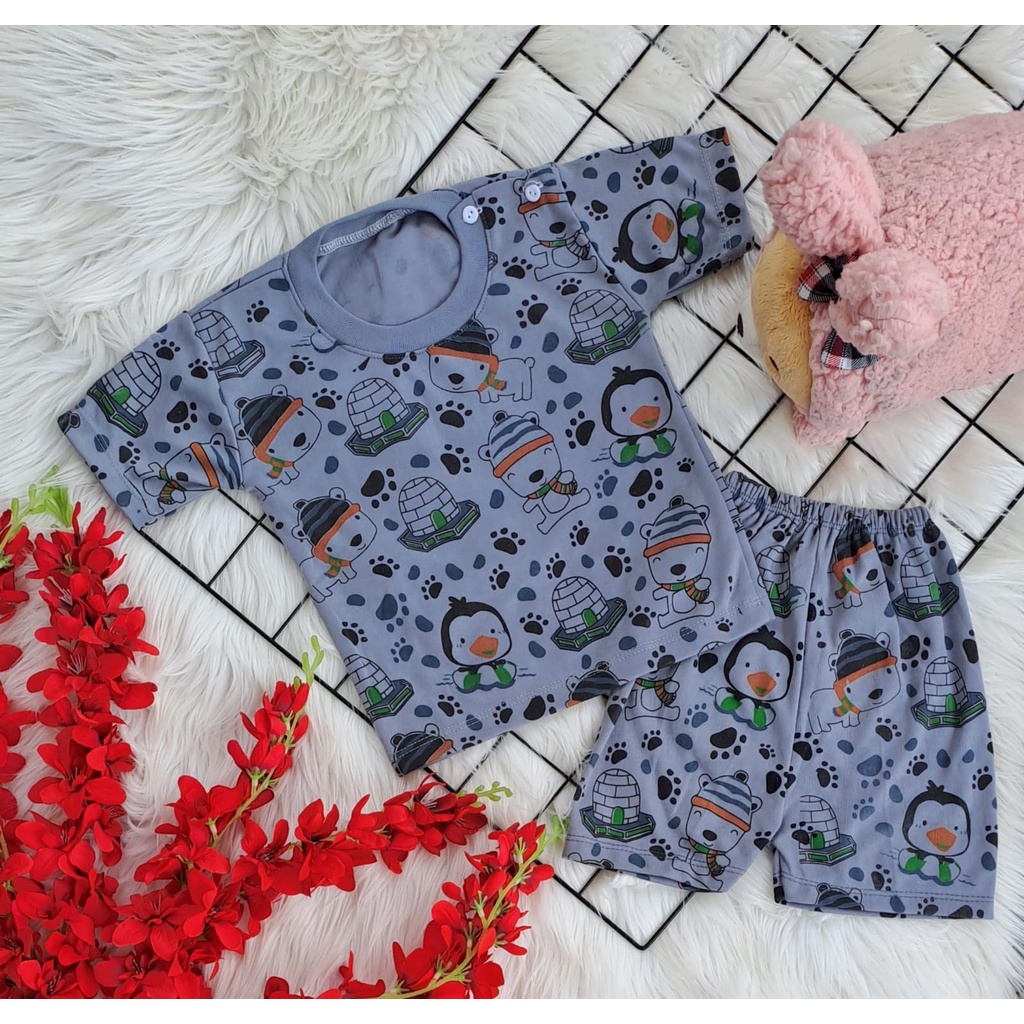 baju bayi murah lucu pinguin kastil dasar warna setelan 3-18bulan (PD003)