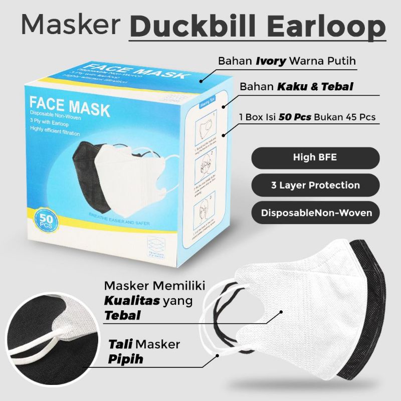 MASKER DUCKBILL FACEMASK WARNA PUTIH 3PLY ISI 50PCS MASKER DUCKBILL FACE MASK WARNA PUTIH HARGA 1 BOX ISI 50PCS