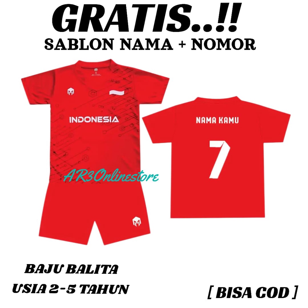 ( FREE SABLON NAMA &amp; NOMOR ) Baju olahraga anak balita kaos bola futsal badminton bulutangkis tenis voli usia sekolah TK 2-5 tahun