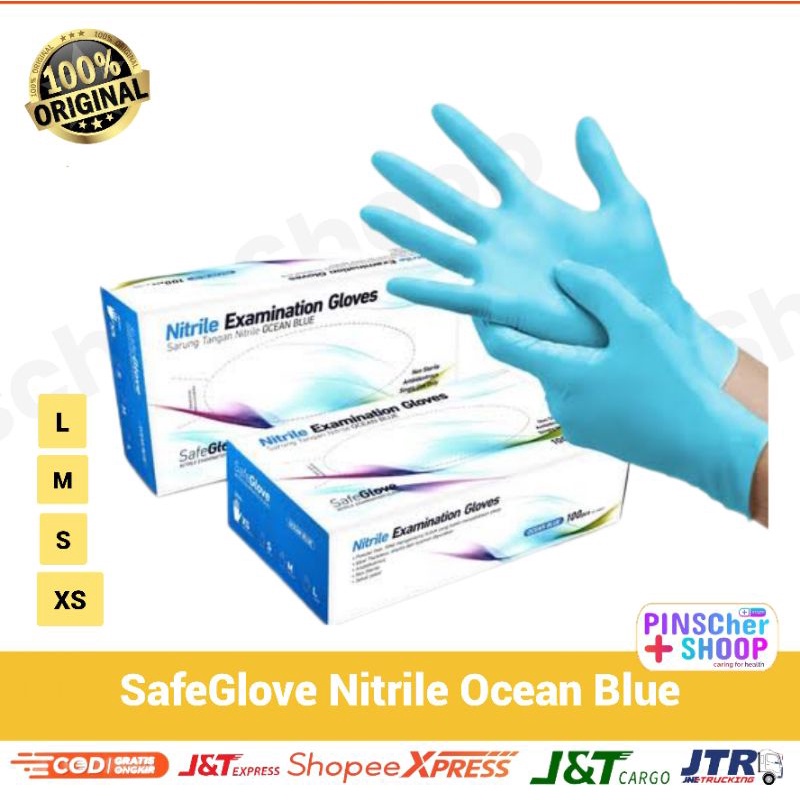 SARUNG TANGAN NITRILE OCEAN BLUE SAFEGLOVE HANDSCOON NITRILE TANPA BEDAK BOX 100 PCS XS/S/M/L