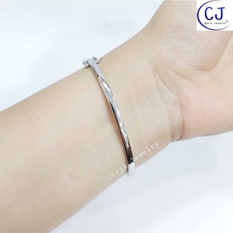 Gelang Bangle Wanita Perak Asli Silver 925 Lapis Emas Putih Model Oval Variasi Bulat Permata Hitam Keliling - Perhiasan Perak Asli