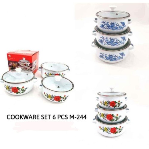 Cookware Set Tutup Kaca - Peralatan Masak Panci Set Motif Bunga Susun 3 - 6 PCS (3 Panci + 3 Tutup Panci) M-244 / BD004