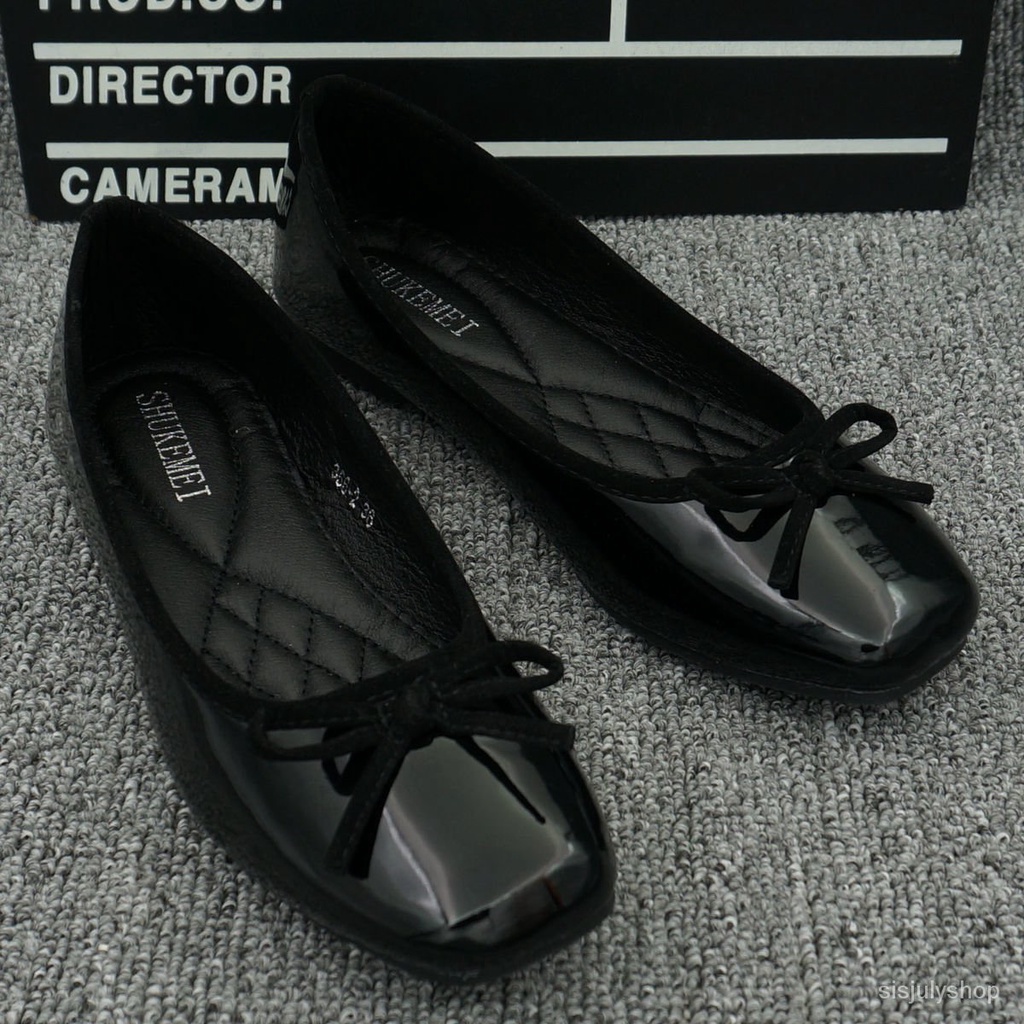 #Sisjuly# Sepatu persegi baru wanita sepatu kaki persegi paten kulit datar sepatu tunggal sepatu bal