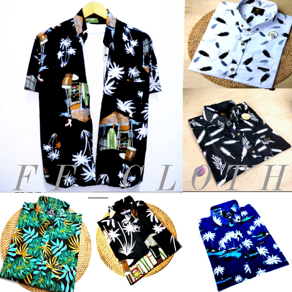 TERBARU Kemeja Pria Wanita Surfing Lengan Pendek Pantai Motif Daun Abstrak