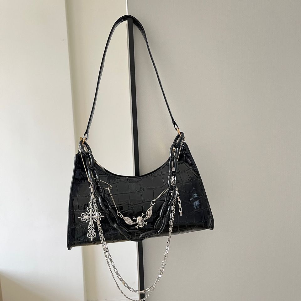 ♦Original Diablo ins cross skull Yabi y2k casual punk hot girl chain pin handbag armpit bag[]