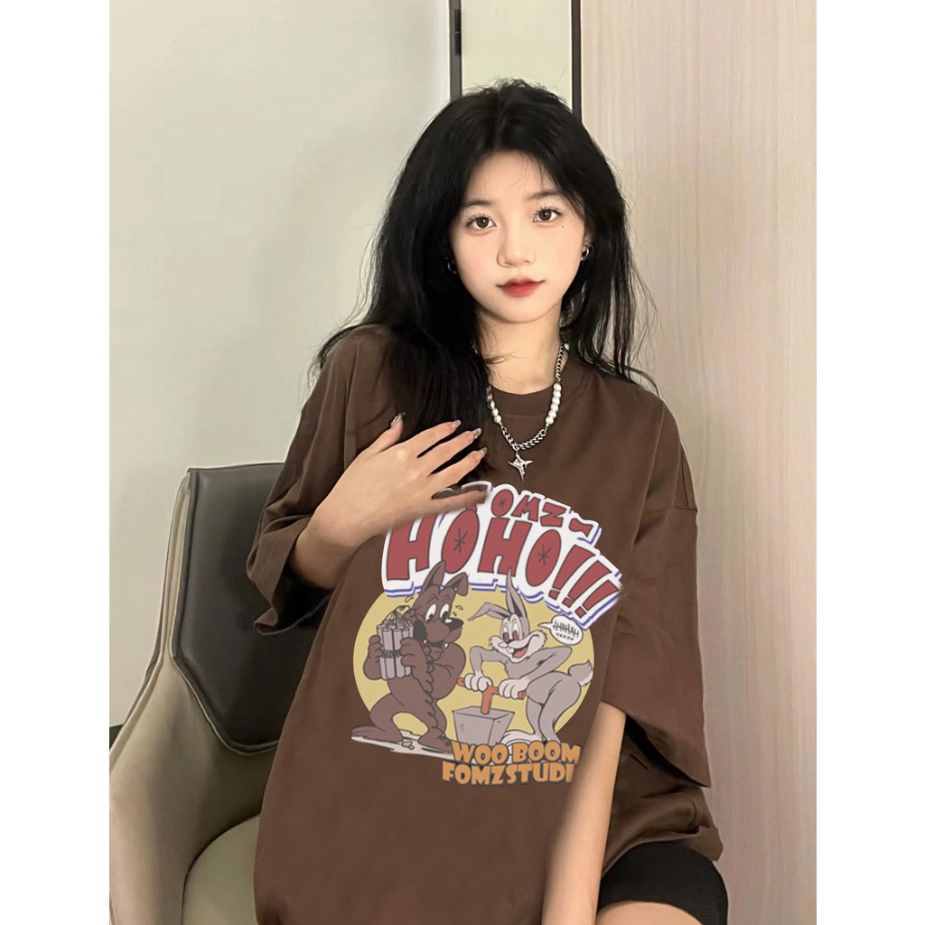 EUNII Brown T-shirt Lengan Pendek cartoon animals Printing Korean Style/Kaos Atasan Wanita/Baju Kaus Oversize Wanita/Kaos Wanita