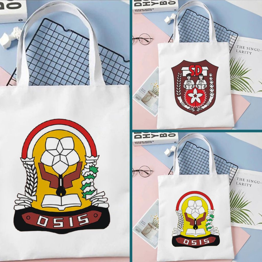 Tote bag Totebag Motif Kangen Sekolah Logo SD SMP SMA Lucu Goodie Bag Hampers Reuni (Bisa Tambah Nama)