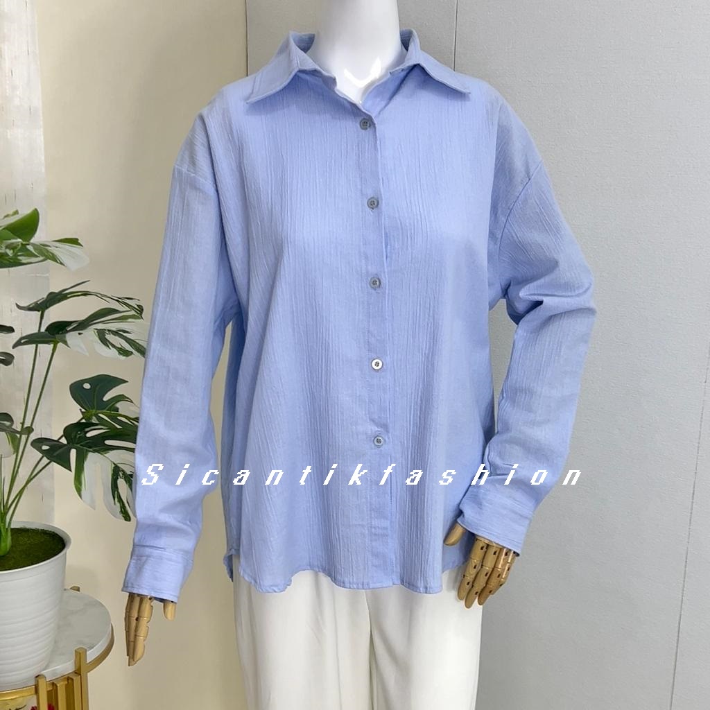 Kemeja Linen Crinkle Oversize Wanita Lengan Panjang Polos