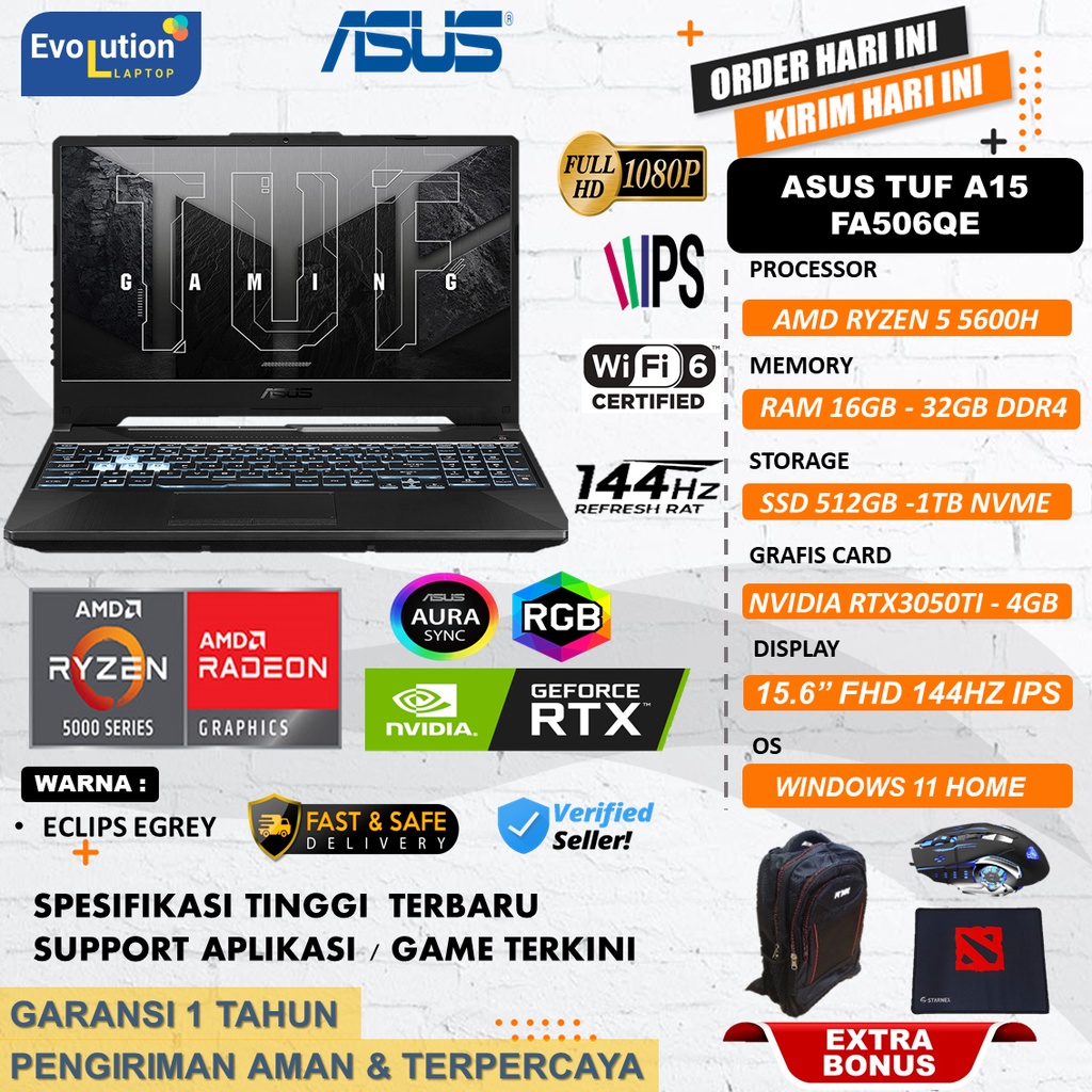 Laptop Gaming ASUS TUF A15 FA506QE AMD RYZEN 5 5600H Ram 32GB 1TB Nvdia RTX3050TI FHD IPS 144HZ RGB 