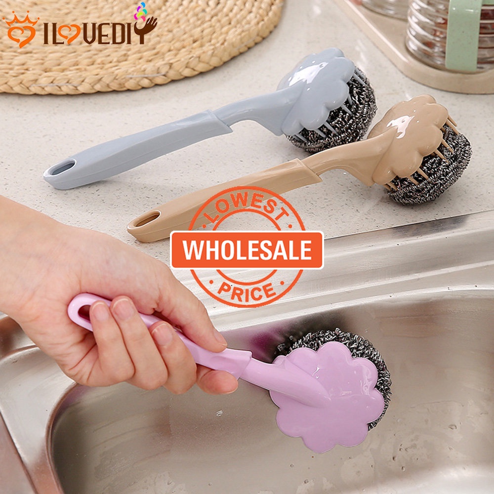 [Harga Grosir] Sikat Pembersih Dapur Sikat Bola Kawat Stainless Gagang Panjang Sikat Pembersih Gantung Mangkok Piring Panci Alat Cuci Rumah Tangga Deep Clean Scrub Brushes