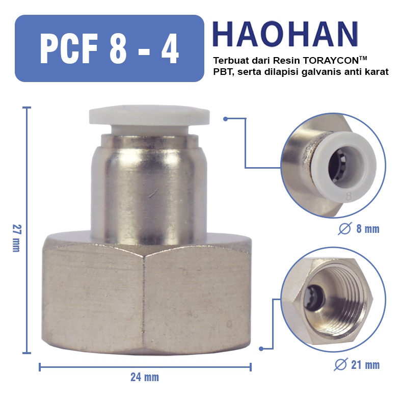 PCF Sambungan Pneumatic Fitting Lurus 10 / 12 / 8 / 6mm BSP 1 / 8 1/4 3/8 1/2 Female Thread Slip Lock