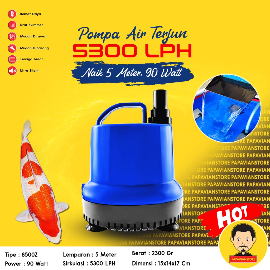 Pompa Air Mesin Filter Celup Sirkulasi Kolam Ikan Koi Besar Low Watt Aquarium Tank Submersible Hidroponik Hydroponic Water Pump Waterfall Air Terjun Hias - 4500 5000 5500 LPH Liter Per Jam 4 4.5 5 Meter Ketinggian 5m  P015