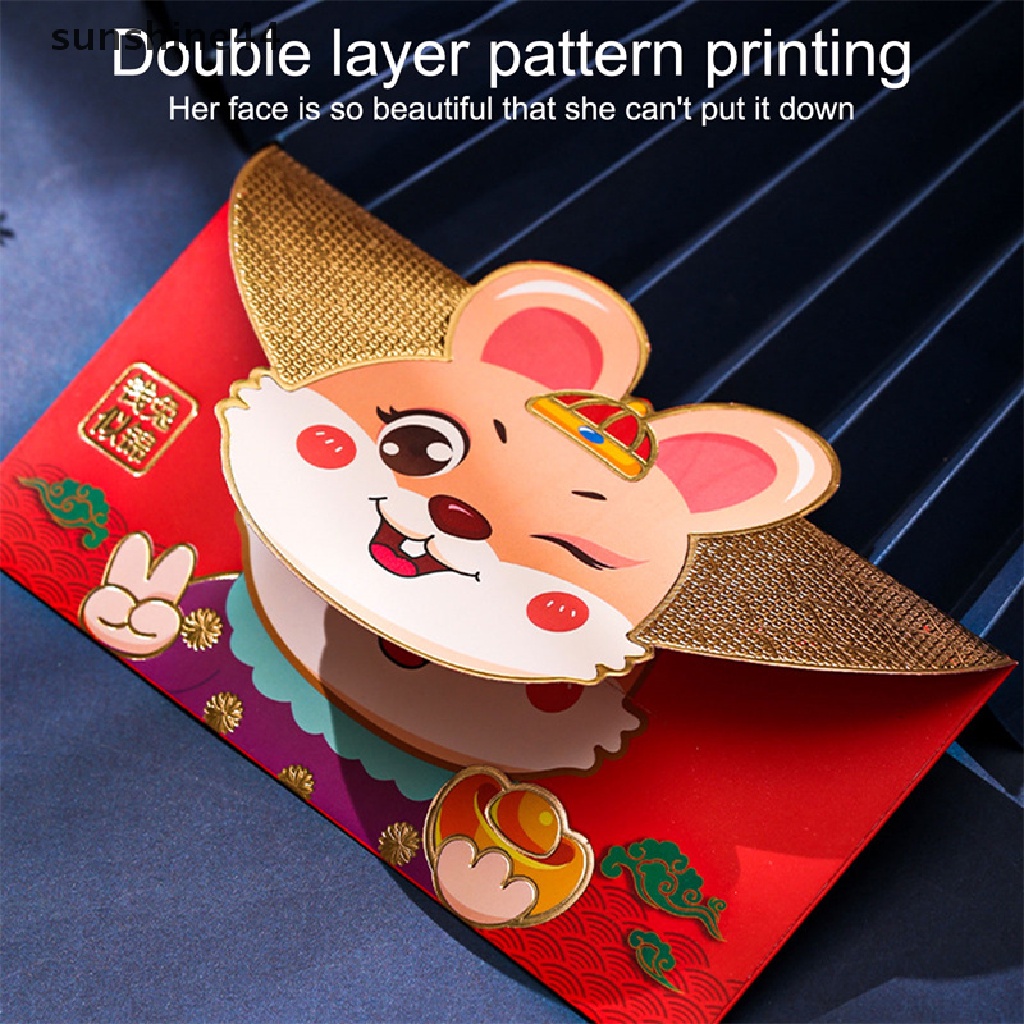 Sunshine 4Pcs Amplop Merah Lucu Hongbao 2023tahun Baru Festival Musim Semi Kantong Merah Paket Uang Keberuntungan Kartun Tas Hadiah.