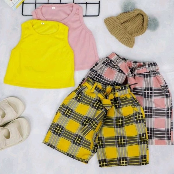 Setelan Anak Cantika U Can See 1-3 Tahun / Setelan Hotpants Salur Kotak Anak Premium