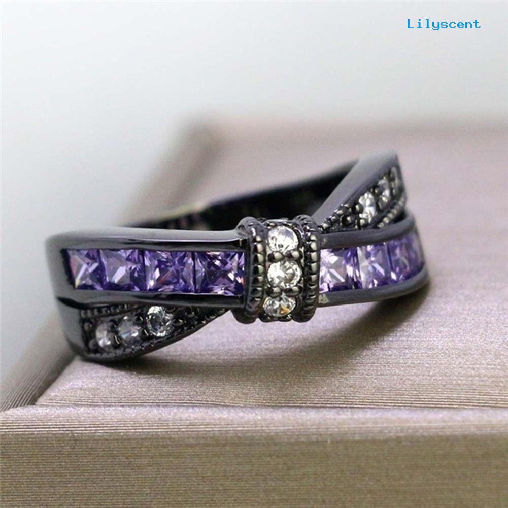 [LS] Fashion Wanita Faux Amethyst Hias Silang Ikatan Simpul Pertunangan Cincin Perhiasan Hadiah