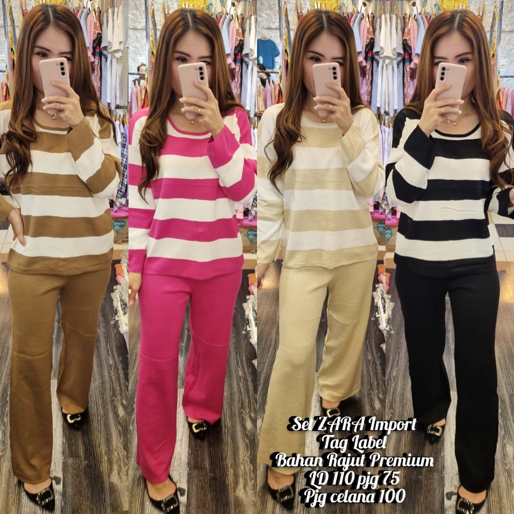 [Branded] Zara Premium Knit Striped Set / Setelan Celana Panjang Rajut Premium / One Set Wanita Impo