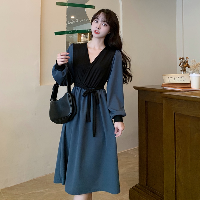 Wanita Midi A-Line gaun V-neck kasual dress Lengan Panjang