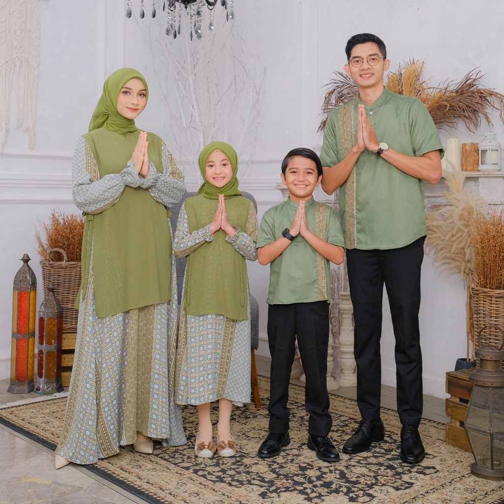Sarimbit Keluarga Savana by Atheera | Couple Ibu Ayah Anak – Gamis Elegan Koko Toyobo Sage Green