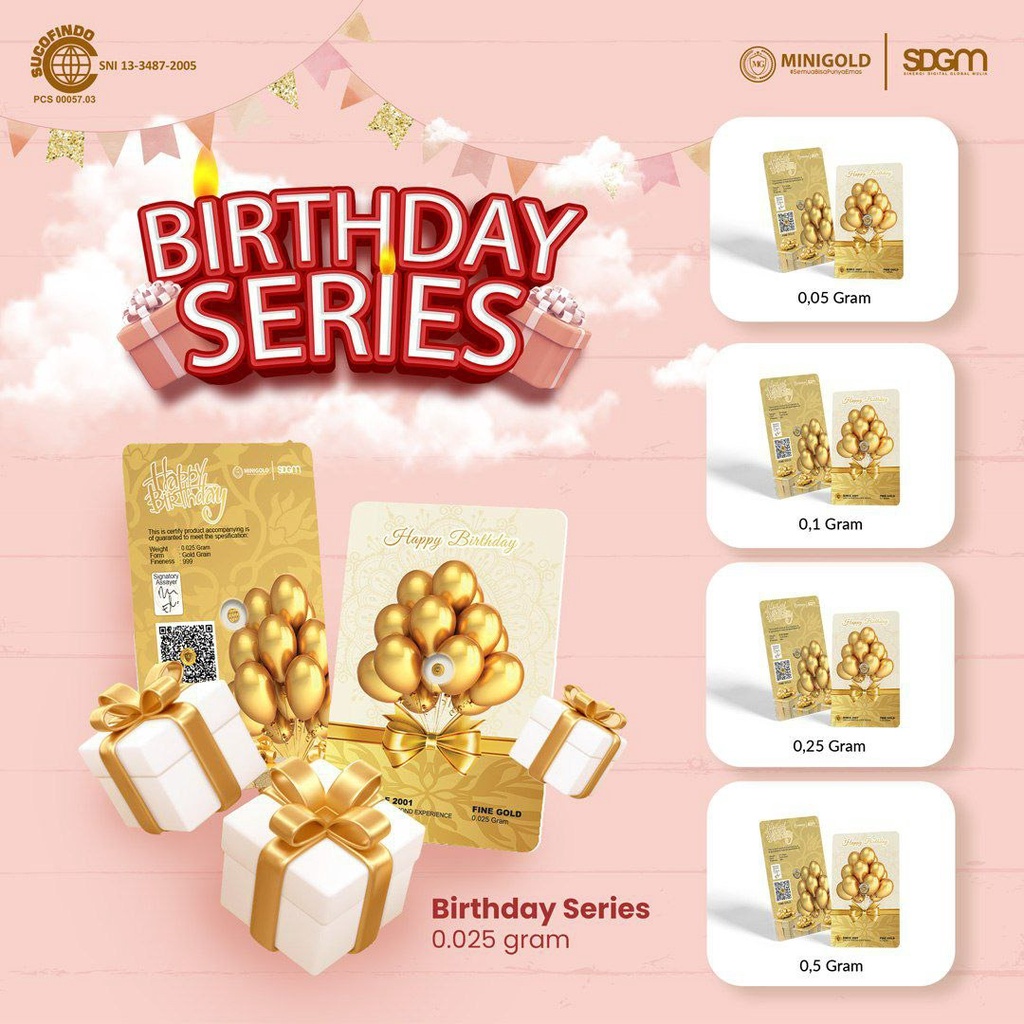 MINIGOLD Gift Series 0.1 Gram Happy Birthday Kemasan PVC TERMURAH TERLARIS Emas Mini Emas Batangan Logam Mulia Murni 24 Karat Bersertifikat Resmi Asli Original Tabungan Emas Souvenir Keren Mewah