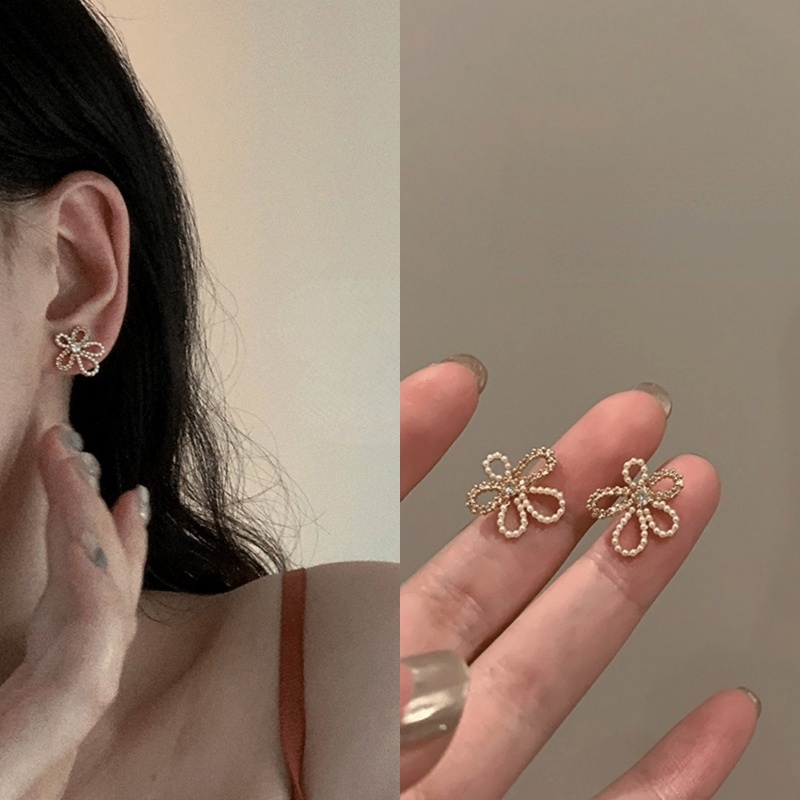 S925 Perak Disepuh Mutiara Zirkon Bunga Anting Ear Studs Untuk Wanita Gadis Fashion Perhiasan