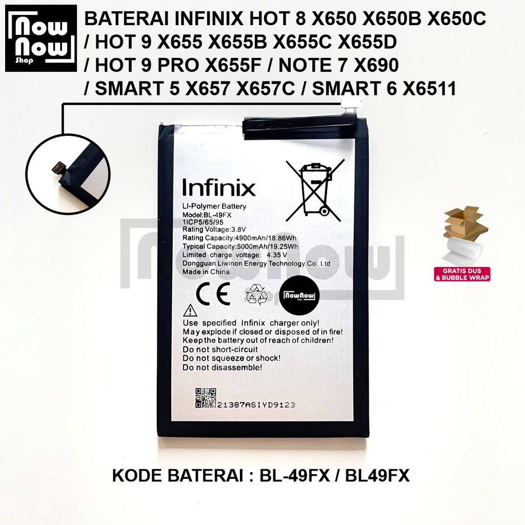 Baterai Infinix Hot 8 X650 / Hot 9 X655 / Hot 9 Pro X655F / Note 7 X690 / Smart 5 X657 X657C / Smart 6 X6511 BL-49FX BL49FX X650B X650C X655B X655C X655D Original Batre Batrai Battery HP