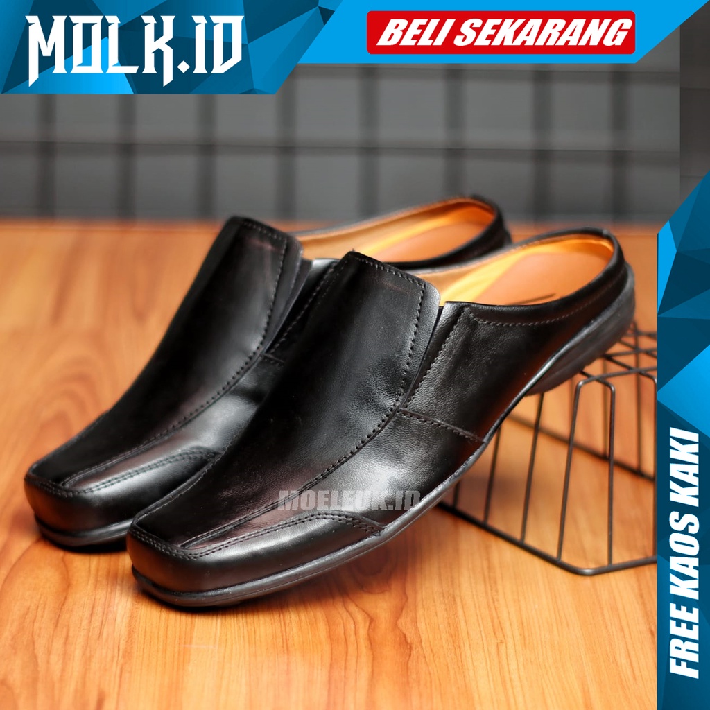 MOLK Sandal Pria Dewasa Kulit Asli Original Sendal Slop Cowok Casual Selop Hitam Simple Murah Tutong Bustong