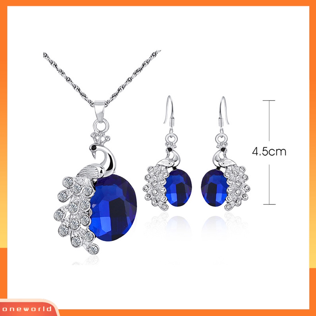 [ONE] 2pcs/set Kalung Anting Set Biru Kristal Imitasi Kepribadian Glitter Indah Bentuk Merak Hias Berlian Imitasi Liontin Anting Kalung Perhiasan Aksesori