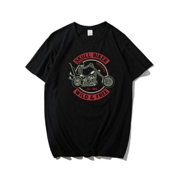 Skull Biker Wild & Free / Tshirt Black Motorcycle - Kaos Distro pria