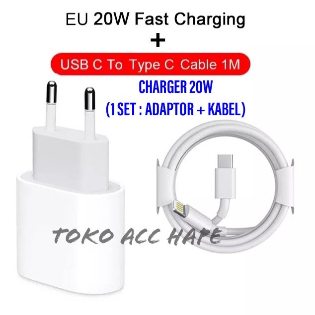 CHARGER IPH 1 SET (POWER ADAPTOR 20W EU PLUG + KABEL USB C to LIGHT)