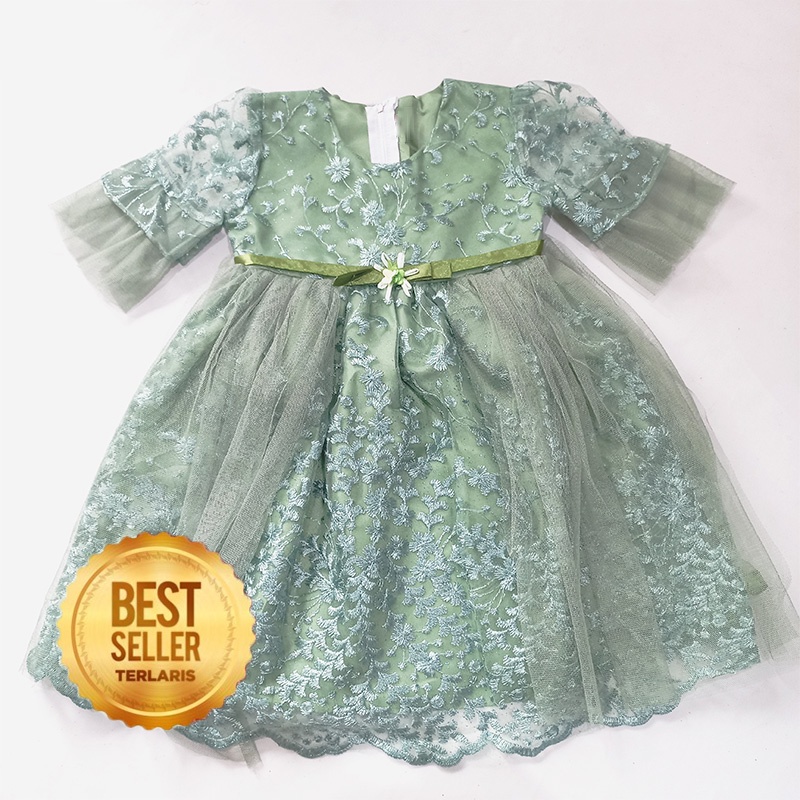 Dress Brukat Warna Sage Green 1 Tahun Gaun Import Pesta Anak Ukuran S M L Terbaru Baju Bayi 6 12 Bulan Bahan Brukat Tile Tulle KA138